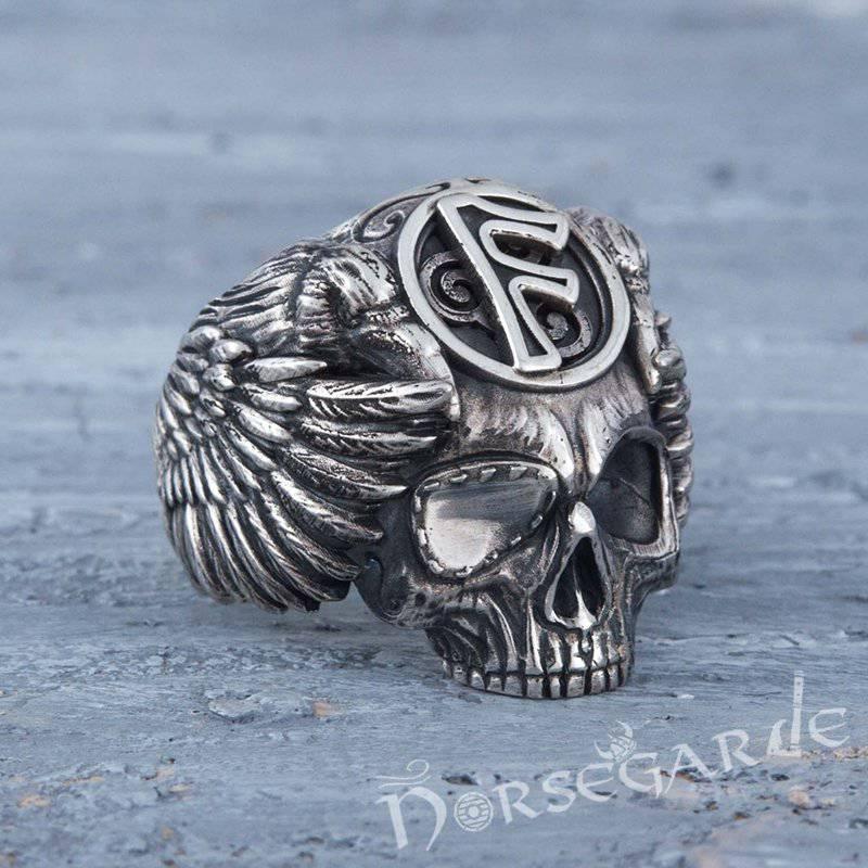 Handcrafted Ansuz Skull and Ravens Ring - Sterling Silver - Norsegarde