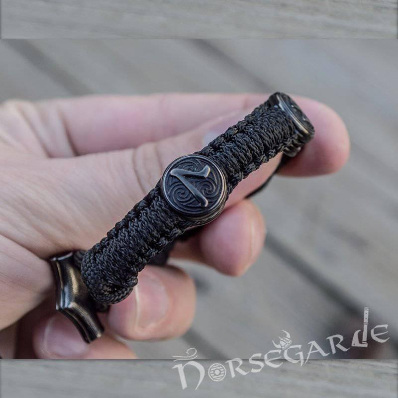 Handcrafted Ash Paracord Bracelet with Mjölnir and Runes - Ruthenium Plated Sterling Silver - Norsegarde