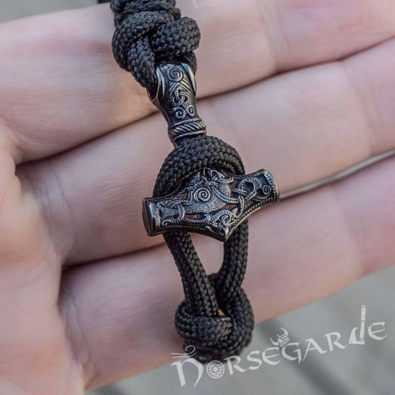 Handcrafted Ash Paracord Bracelet with Mjölnir and Runes - Ruthenium Plated Sterling Silver - Norsegarde