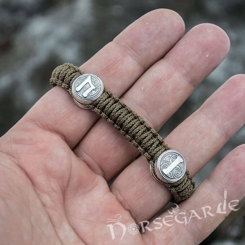 Handcrafted Bark Paracord Bracelet with Mjölnir and Runes - Sterling Silver - Norsegarde