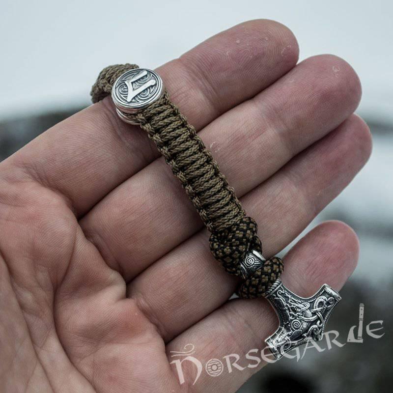 Handcrafted Bark Paracord Bracelet with Mjölnir and Runes - Sterling Silver - Norsegarde