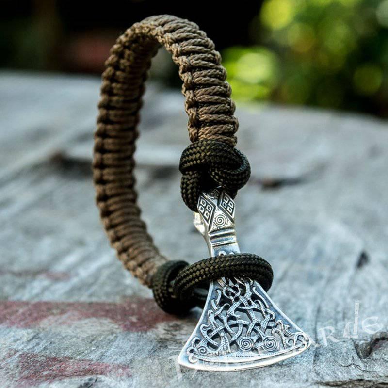 Handcrafted Coffee Paracord Bracelet with Axe Head - Sterling Silver - Norsegarde