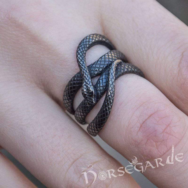 Handcrafted Coiled Jormungandr Ring - Ruthenium Plated Sterling Silver - Norsegarde