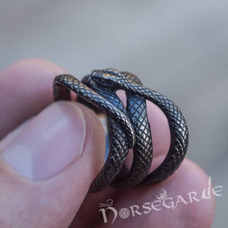 Handcrafted Coiled Jormungandr Ring - Ruthenium Plated Sterling Silver - Norsegarde