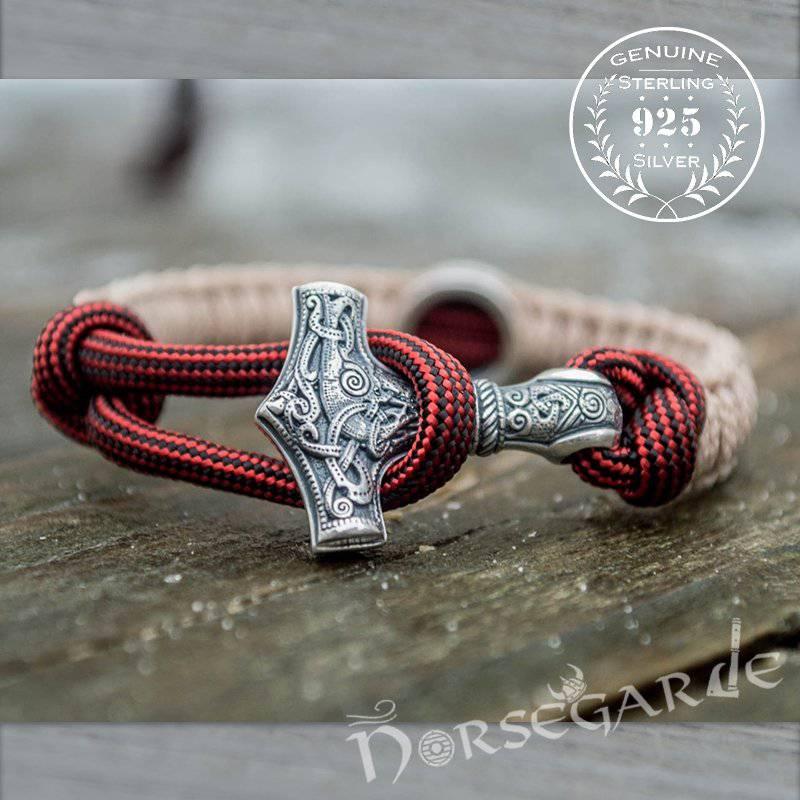 Handcrafted Cream Paracord Bracelet with Mjölnir and Rune - Sterling Silver - Norsegarde