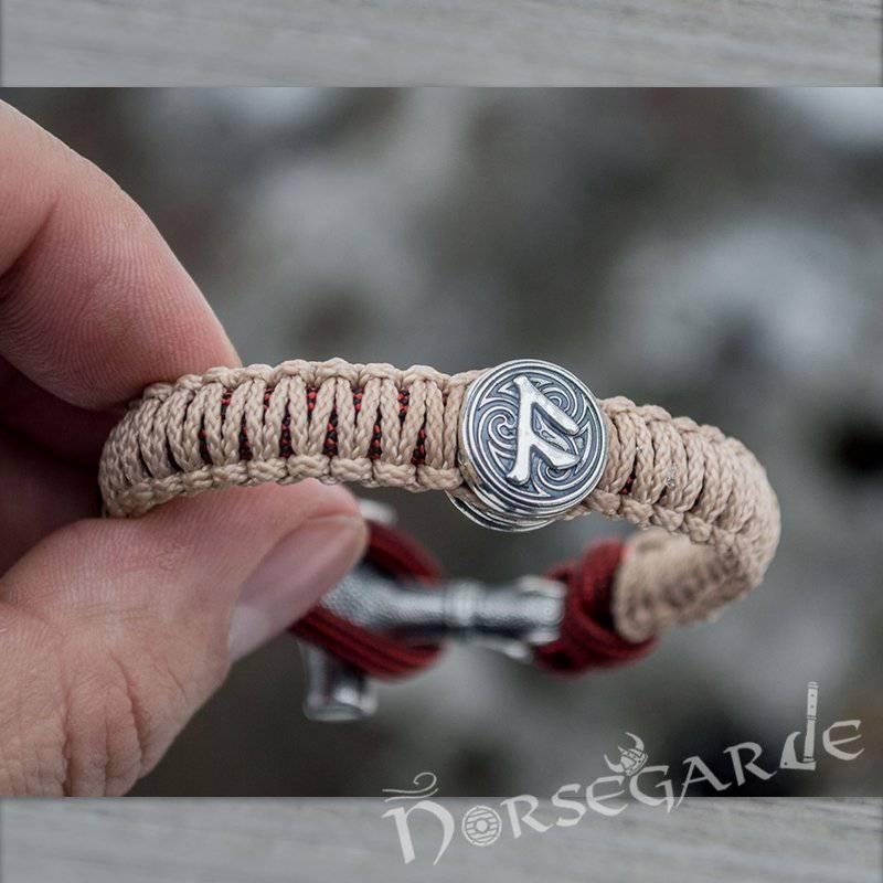 Handcrafted Cream Paracord Bracelet with Mjölnir and Runes - Sterling