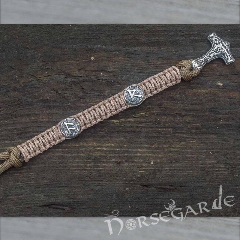 Handcrafted Cream Paracord Bracelet with Mjölnir and Runes - Sterling Silver - Norsegarde