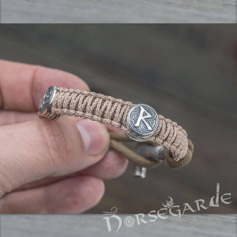 Handcrafted Cream Paracord Bracelet with Mjölnir and Runes - Sterling