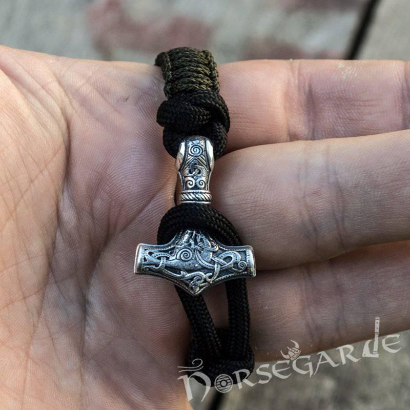 Handcrafted Dark Olive Paracord Bracelet with Mjölnir - Sterling Silver - Norsegarde