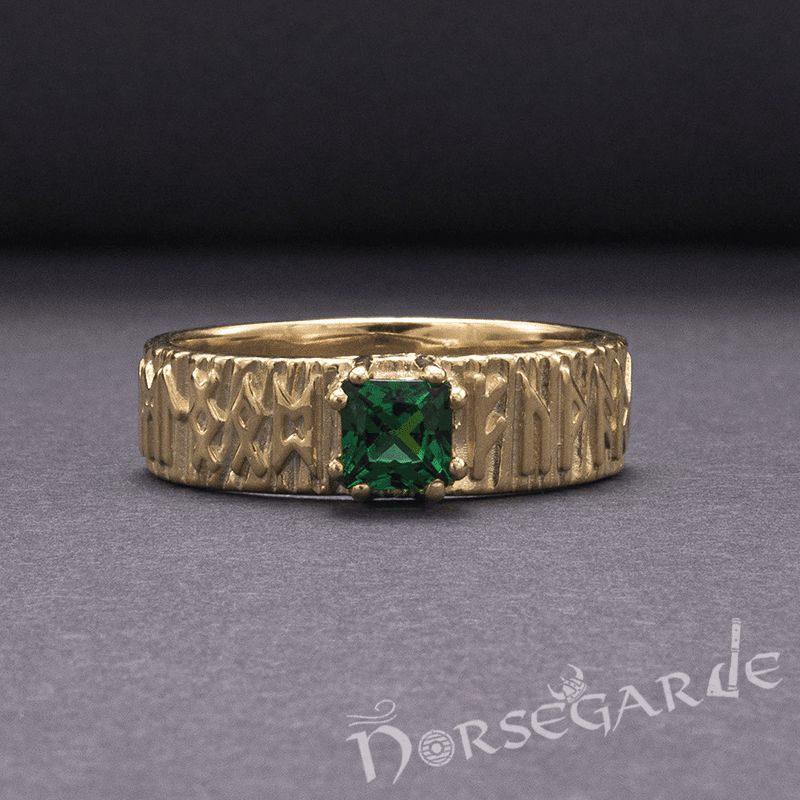 Handcrafted Elder Futhark Band - Gold with Emerald - Norsegarde