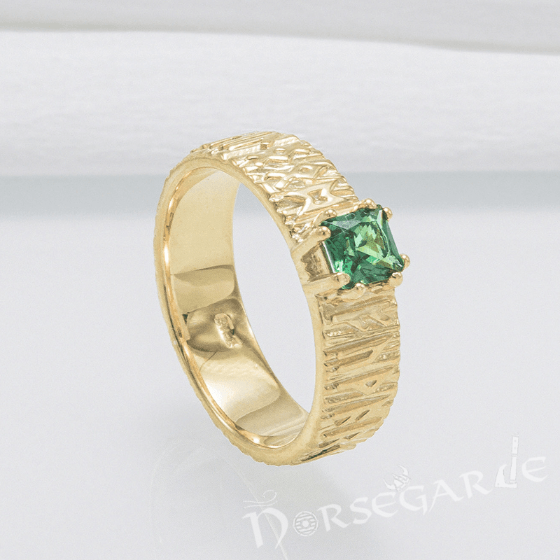 Handcrafted Elder Futhark Band - Gold with Emerald - Norsegarde