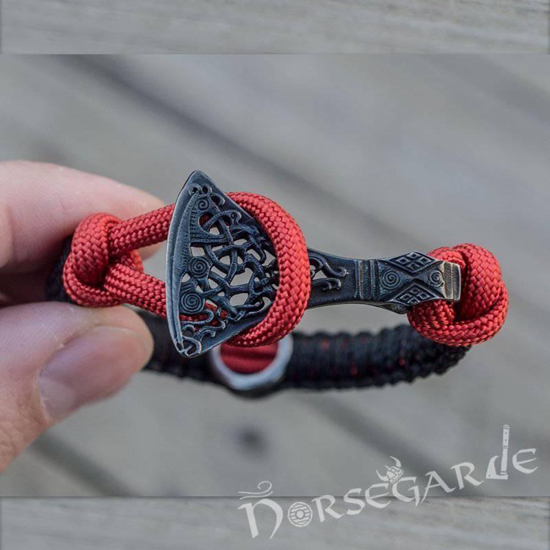 Handcrafted Embers Paracord Bracelet with Axe Head and Rune - Ruthenium Plated Sterling Silver - Norsegarde