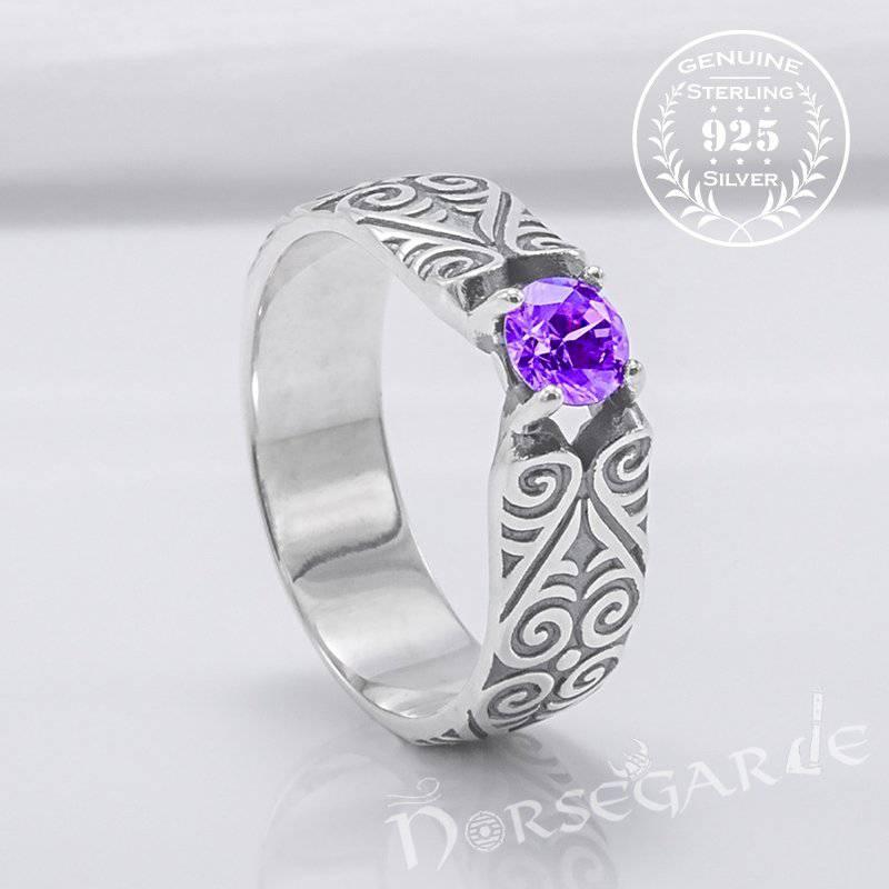 Handcrafted Floral Pattern Band with Gem - Sterling Silver - Norsegarde
