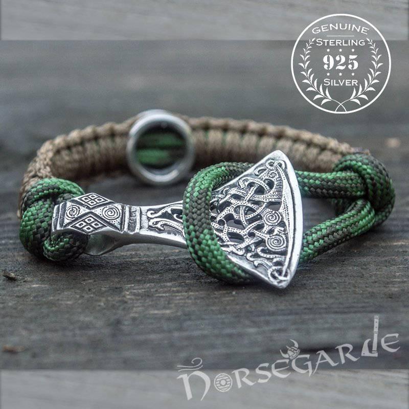 Handcrafted Forest Paracord Bracelet with Axe Head and Rune - Sterling Silver - Norsegarde