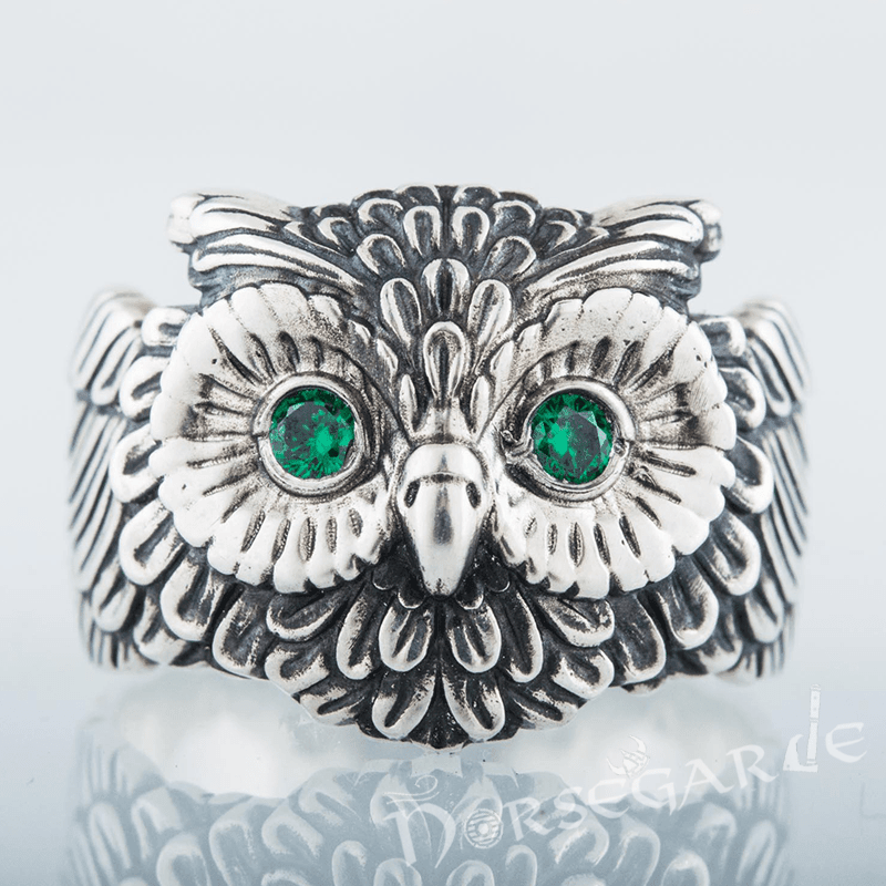 Handcrafted Gemmed Owl Ring - Sterling Silver - Norsegarde
