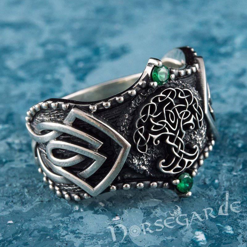 Handcrafted Gemmed Yggdrasil Celtic Ring - Sterling Silver - Norsegarde