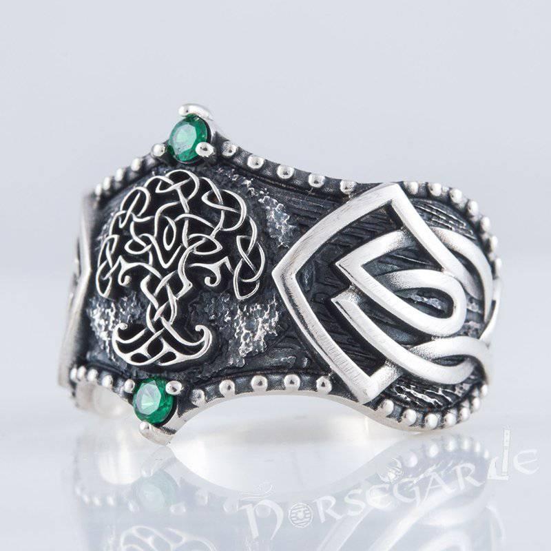 Handcrafted Gemmed Yggdrasil Celtic Ring - Sterling Silver - Norsegarde