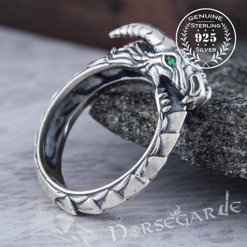 Handcrafted Green Eyed Jormungandr Ring - Sterling Silver - Norsegarde