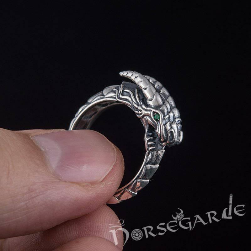 Handcrafted Green Eyed Jormungandr Ring - Sterling Silver - Norsegarde