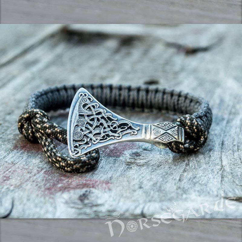 Handcrafted Grey Paracord Bracelet with Axe Head - Sterling Silver - Norsegarde
