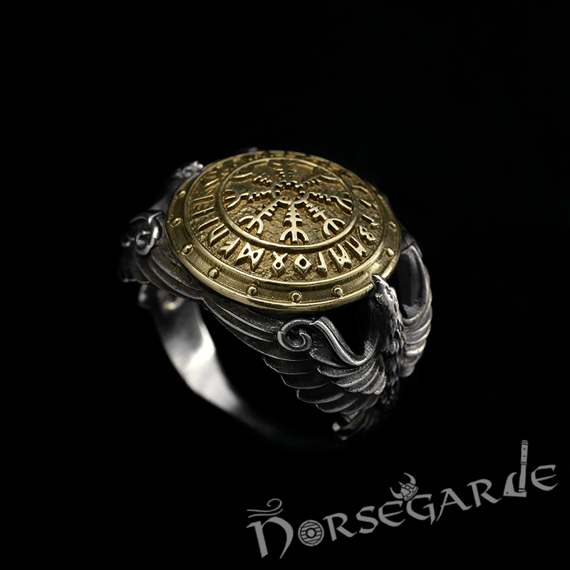 Handcrafted Helm of Awe Shield and Ravens Ring - Sterling Silver & Brass - Norsegarde