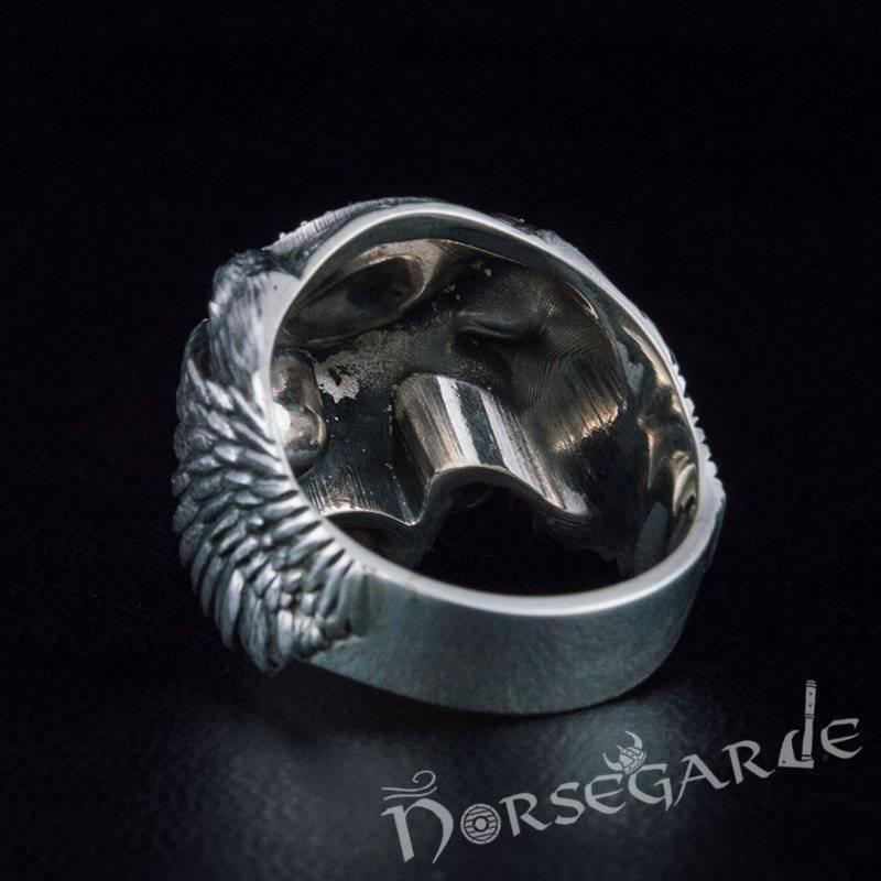 Handcrafted Helm of Awe Skull and Ravens Ring - Sterling Silver - Norsegarde
