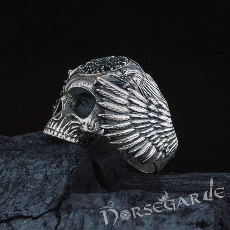 Handcrafted Helm of Awe Skull and Ravens Ring - Sterling Silver - Norsegarde