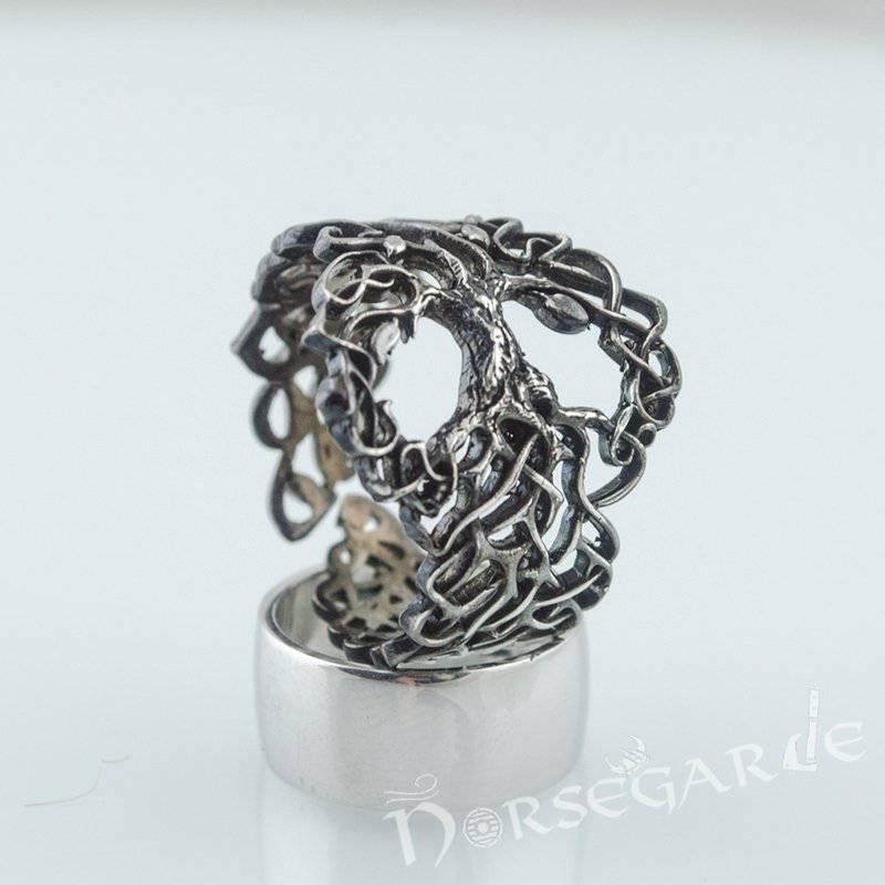 Handcrafted Intertwined Yggdrasil Ring - Ruthenium Plated Sterling Silver - Norsegarde