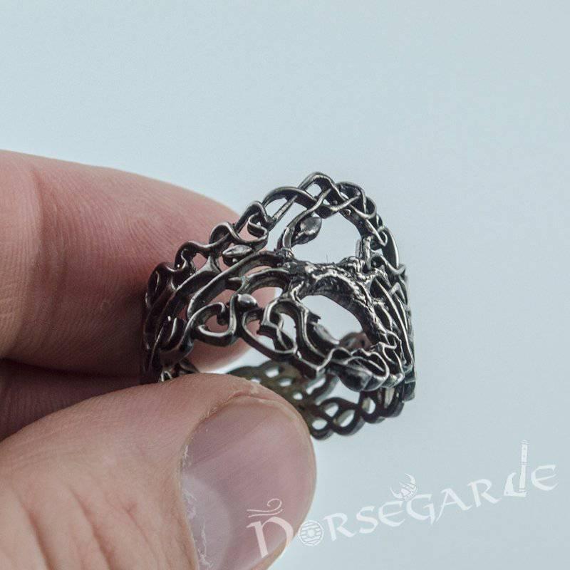 Handcrafted Intertwined Yggdrasil Ring - Ruthenium Plated Sterling Silver - Norsegarde