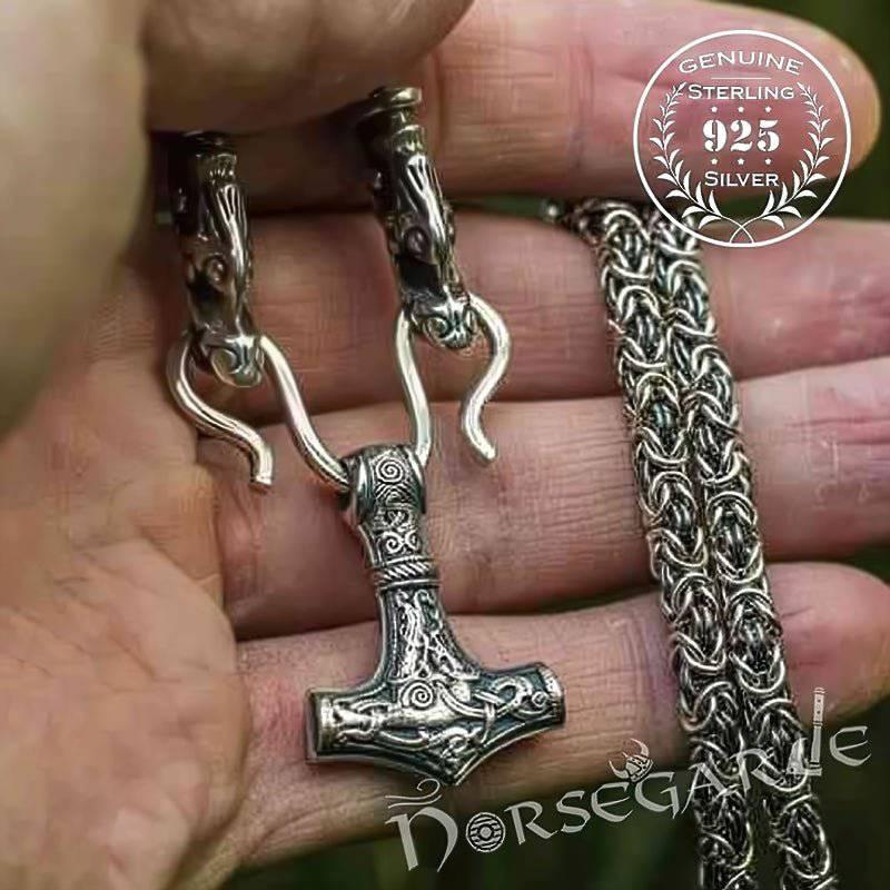 Sterling Silver Viking King’s Chain Necklace — Wolf Tips & Mjolnir