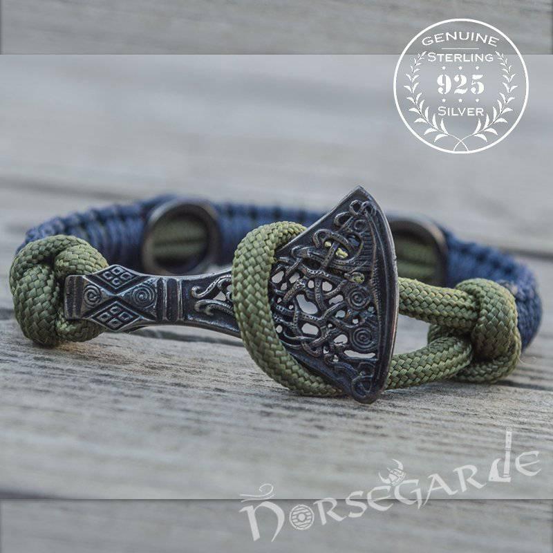 Handcrafted Lilypad Paracord Bracelet with Axe Head and Rune - Ruthenium Plated Sterling Silver - Norsegarde