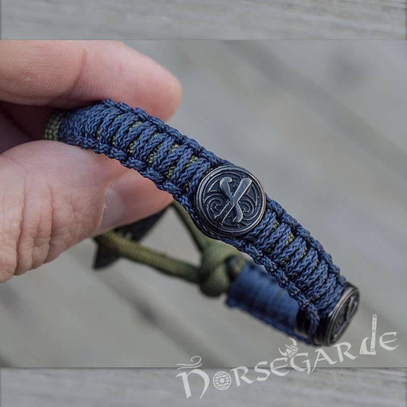 Handcrafted Lilypad Paracord Bracelet with Axe Head and Rune - Ruthenium Plated Sterling Silver - Norsegarde