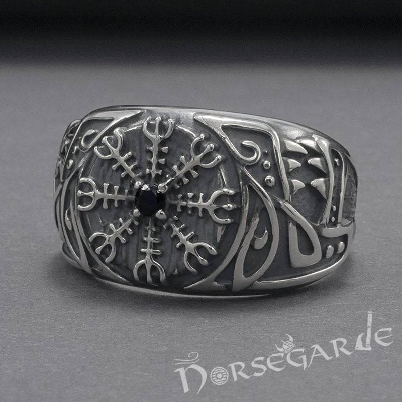 Handcrafted Lupine Helm of Awe Ring with Gem - Sterling Silver - Norsegarde