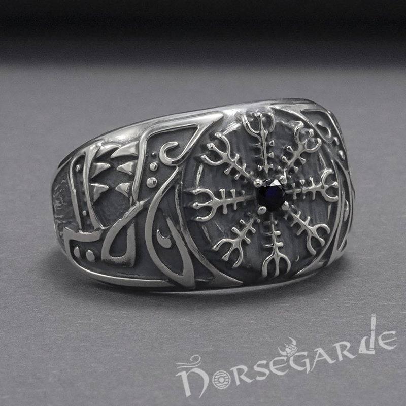Handcrafted Lupine Helm of Awe Ring with Gem - Sterling Silver - Norsegarde