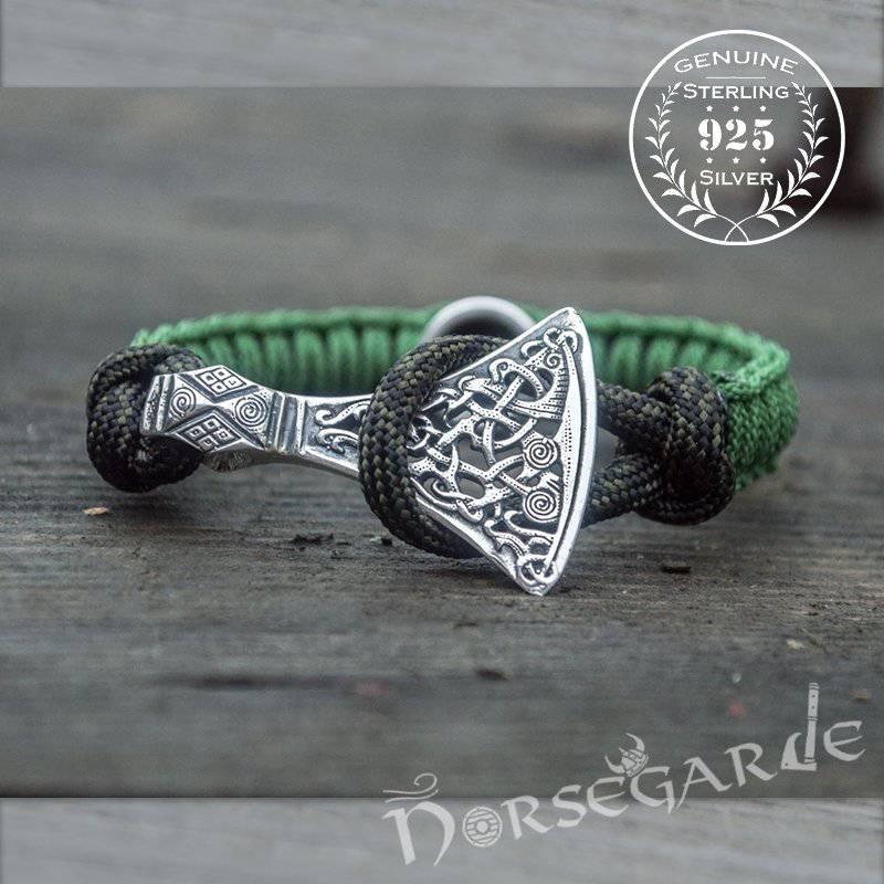 Handcrafted Meadow Paracord Bracelet with Axe Head and Rune - Sterling Silver - Norsegarde