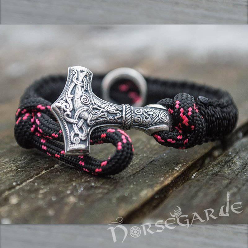 Handcrafted Night Paracord Bracelet with Mjölnir and Rune - Sterling Silver - Norsegarde