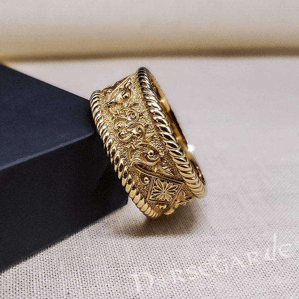 Handcrafted Norse Floral Ornament Band - Viking Gold Ring