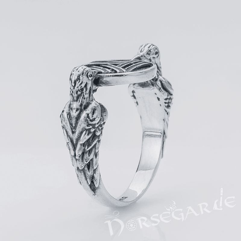 Handcrafted Odin Ravens and Valknut Ring - Sterling Silver - Norsegarde