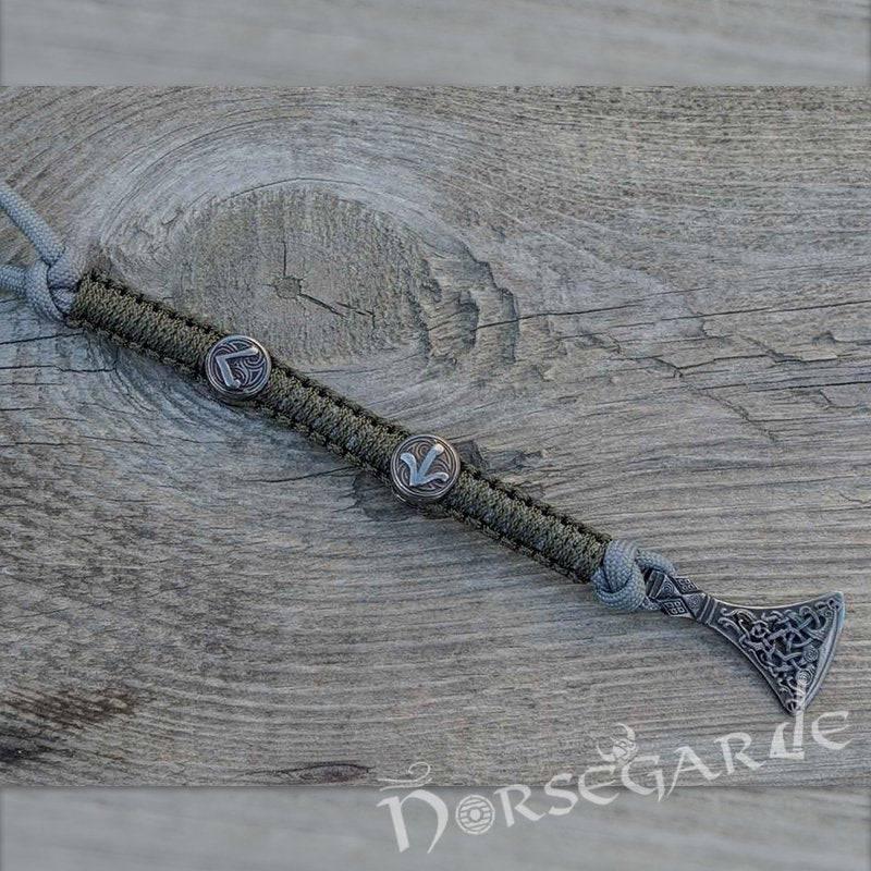 Handcrafted Olive Paracord Bracelet with Axe Head and Rune - Ruthenium Plated Sterling Silver - Norsegarde