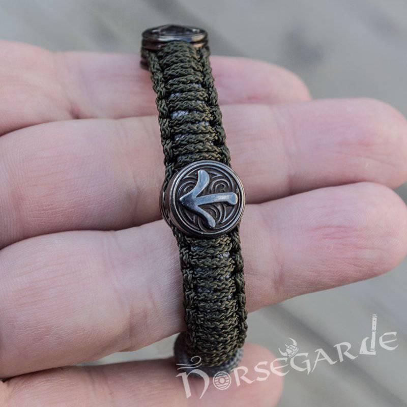 Handcrafted Olive Paracord Bracelet with Axe Head and Rune - Ruthenium Plated Sterling Silver - Norsegarde