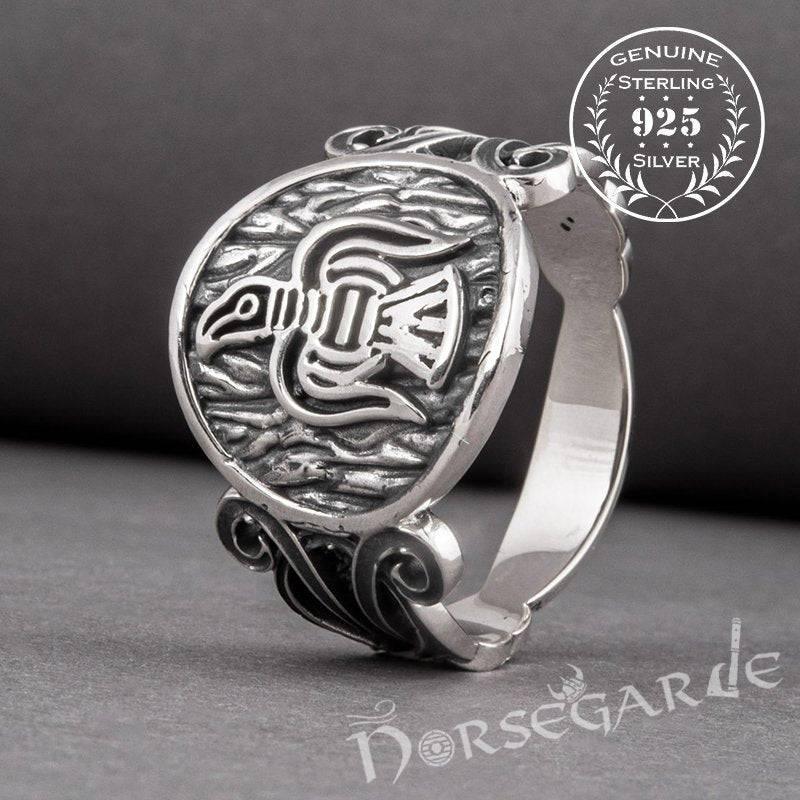 Handcrafted Raven Floral Ornament Ring - Sterling Silver - Norsegarde