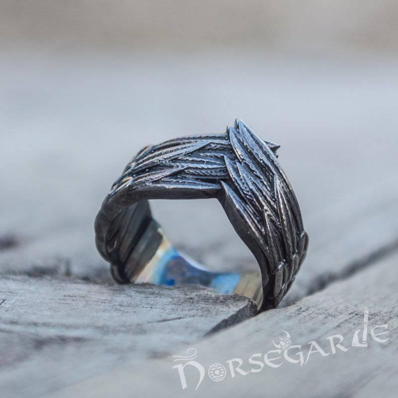 Handcrafted Raven Wing Ring - Ruthenium Plated Sterling Silver - Norsegarde