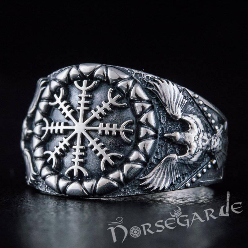 Handcrafted Ravens and Helm of Awe Ring - Sterling Silver - Norsegarde