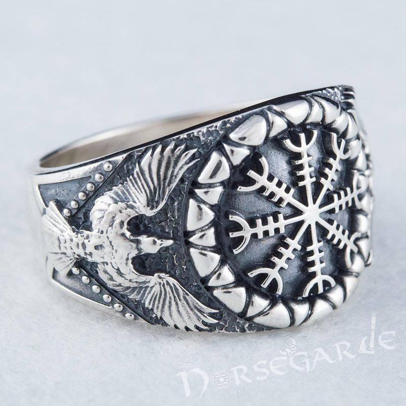 Handcrafted Ravens and Helm of Awe Ring - Sterling Silver - Norsegarde