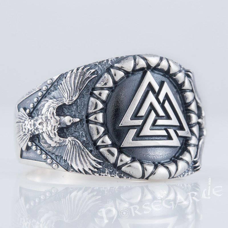 Handcrafted Ravens and Valknut Ring - Sterling Silver - Norsegarde
