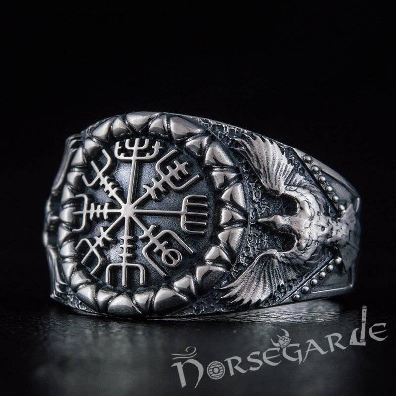 Handcrafted Ravens and Vegvisir Ring - Sterling Silver - Norsegarde