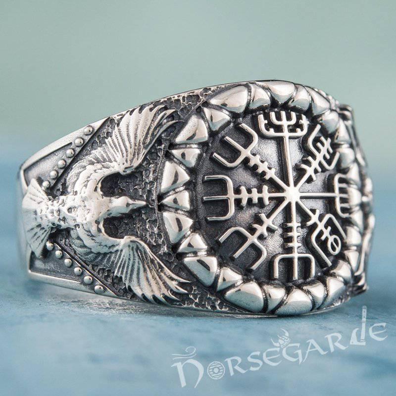 Handcrafted Ravens and Vegvisir Ring - Sterling Silver - Norsegarde