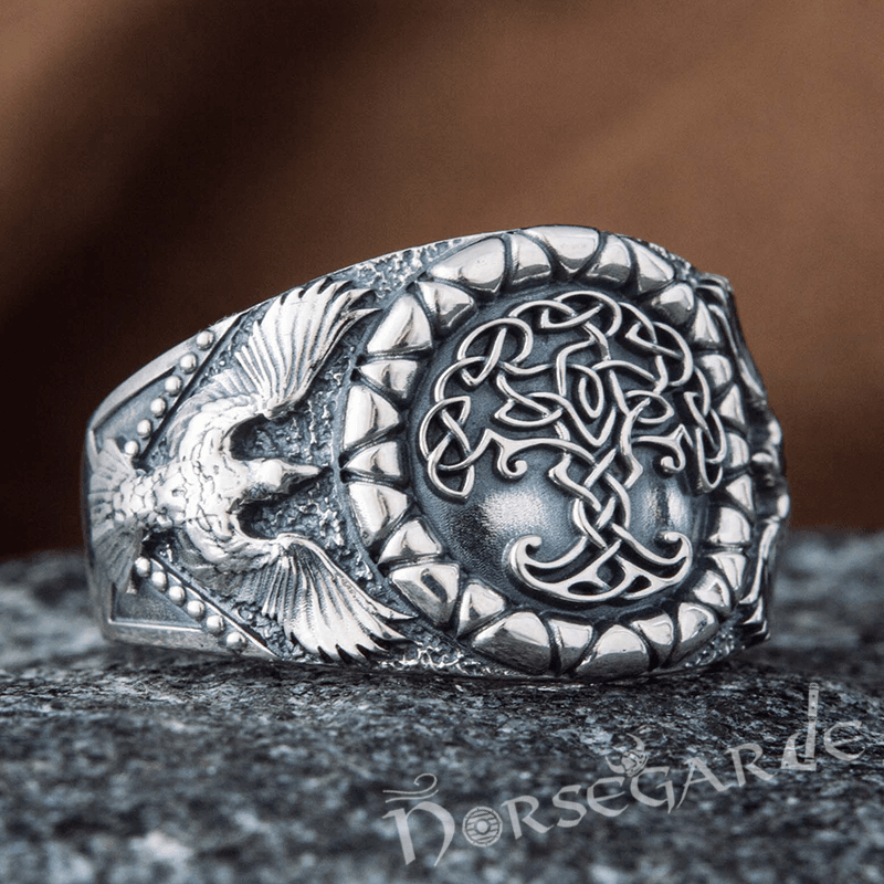Handcrafted Ravens and Yggdrasil Ring - Sterling Silver - Norsegarde