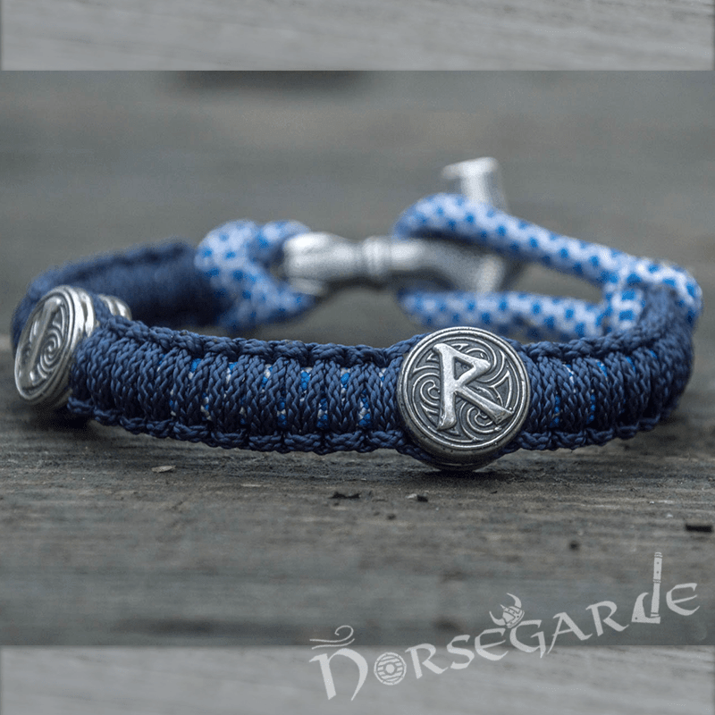 Handcrafted River Paracord Bracelet with Mjölnir and Runes - Sterling Silver - Norsegarde