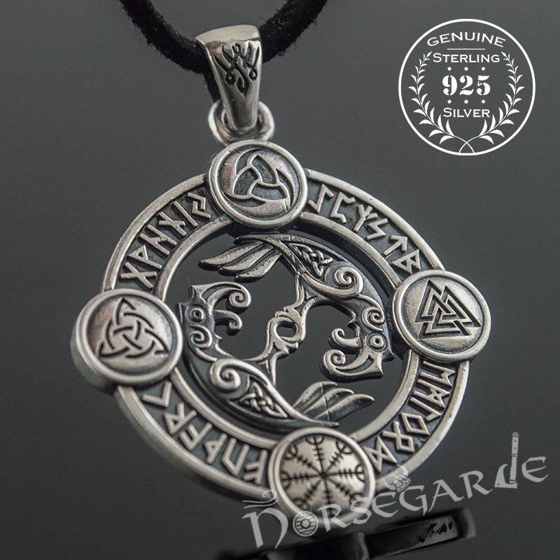 Silver Rune Circular Pattern Handcrafted Rune Circle with Ravens - Sterling Silver
